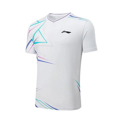 The Li-Ning QA Men's Badminton T-Shirt in white features abstract blue and purple geometric designs on the right shoulder and lower left side. It offers moisture-wicking comfort, a small black chest logo, and stylish short sleeves for athletic wear.