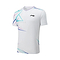 The Li-Ning QA Men's Badminton T-Shirt in white features abstract blue and purple geometric designs on the right shoulder and lower left side. It offers moisture-wicking comfort, a small black chest logo, and stylish short sleeves for athletic wear.
