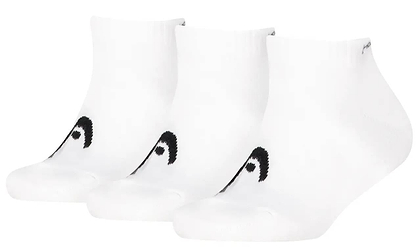 Three pairs of HEAD All Sport Sneaker Badminton Socks in white are arranged in a row, each with a small black curved design near the toes. These moisture-wicking socks keep feet dry and comfortable during play.