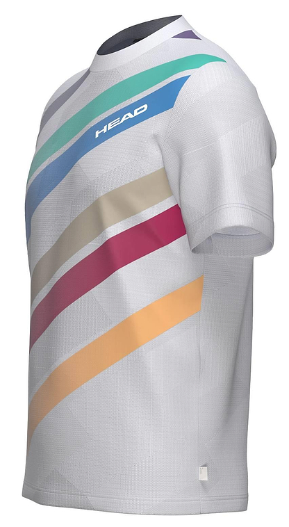 The HEAD Pro Mens Badminton T-Shirt - WHXP is a white short-sleeve shirt with teal, green, navy blue, beige, red, and orange stripes and "HEAD" printed in white. This moisture-wicking shirt keeps you cool and dry on the court.