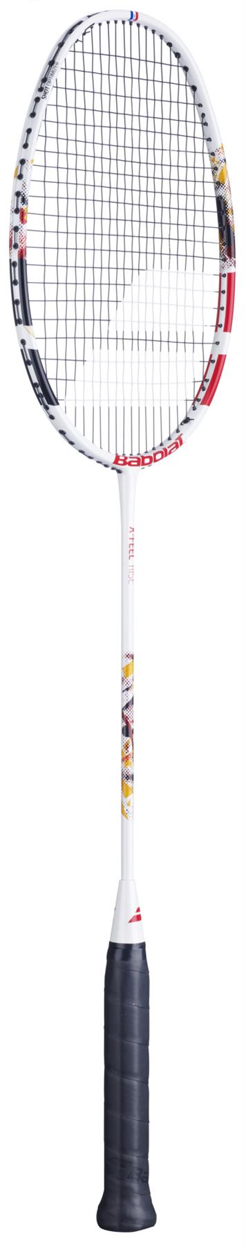 The Babolat X-Feel Rise 2026 3U Badminton Racket in white and red features a black grip, accented shaft and head, and a mesh string pattern designed for increased power.