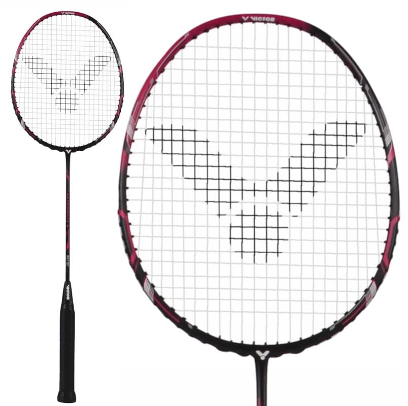 The Victor Ultramate 8 4U badminton racket features a black handle and eye-catching magenta accents on the frame. Its head-heavy balance complements strings displaying the Victor logo, shown in full view with a close-up of its precisely crafted head.