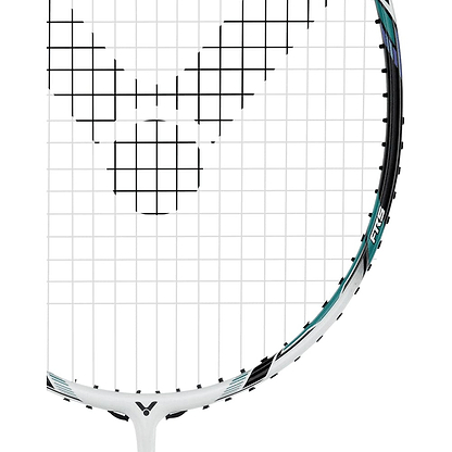 Close-up of the Victor Thruster 220H II Badminton Racket - White Smoke head, highlighting the white strings arranged in a grid pattern and a stylish Powerbox frame. The contemporary design is accentuated with green and black details on a mainly white background, adding to its visual allure.