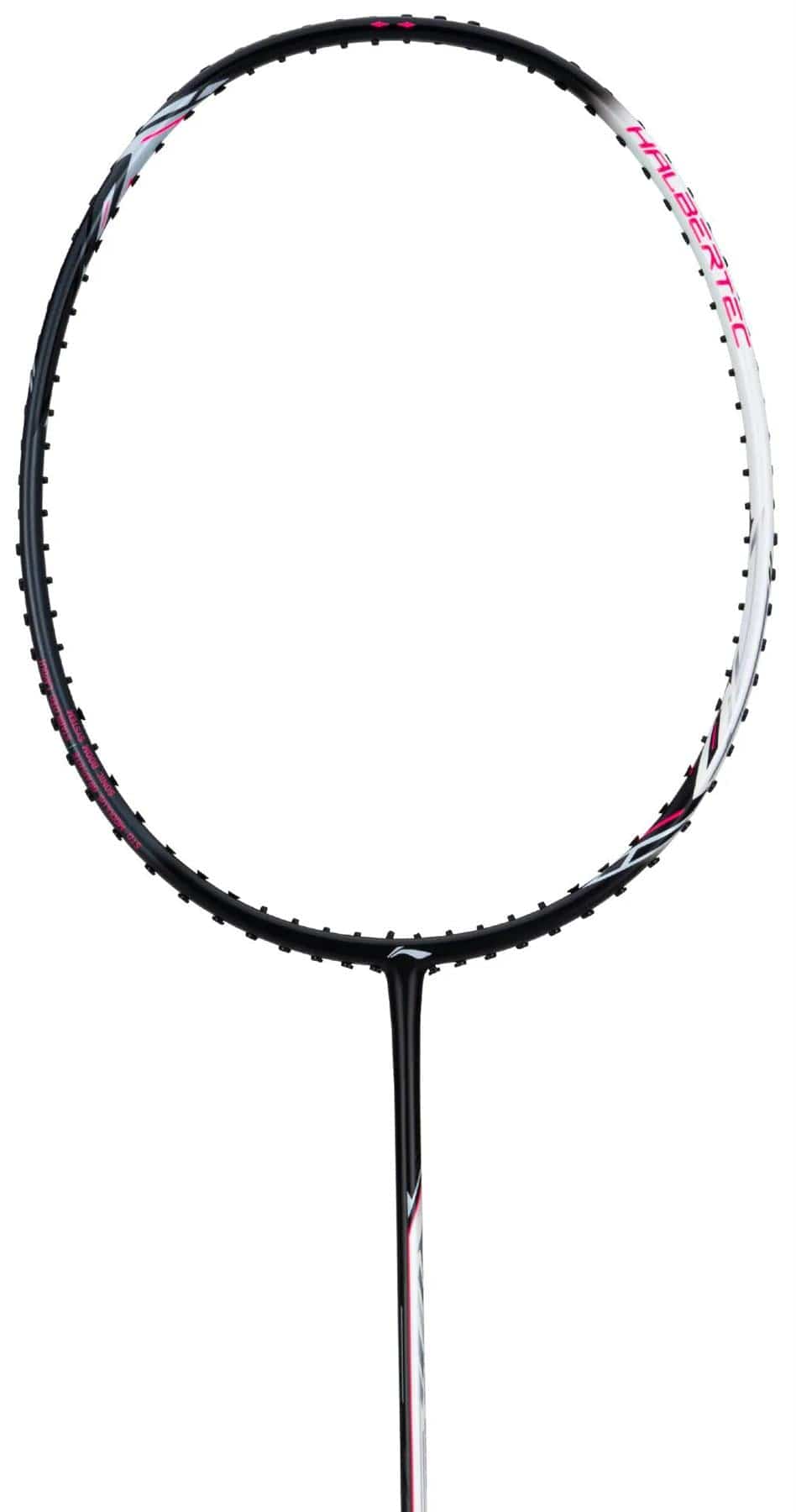 A close-up of the Li-Ning Halbertec 2000 3U Badminton Racket in Cool Ebony, shown vertically to highlight its swing weight balance, with the head at the top and the shaft extending downward.