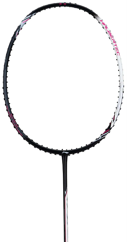 A close-up of the Li-Ning Halbertec 2000 3U Badminton Racket in Cool Ebony, shown vertically to highlight its swing weight balance, with the head at the top and the shaft extending downward.