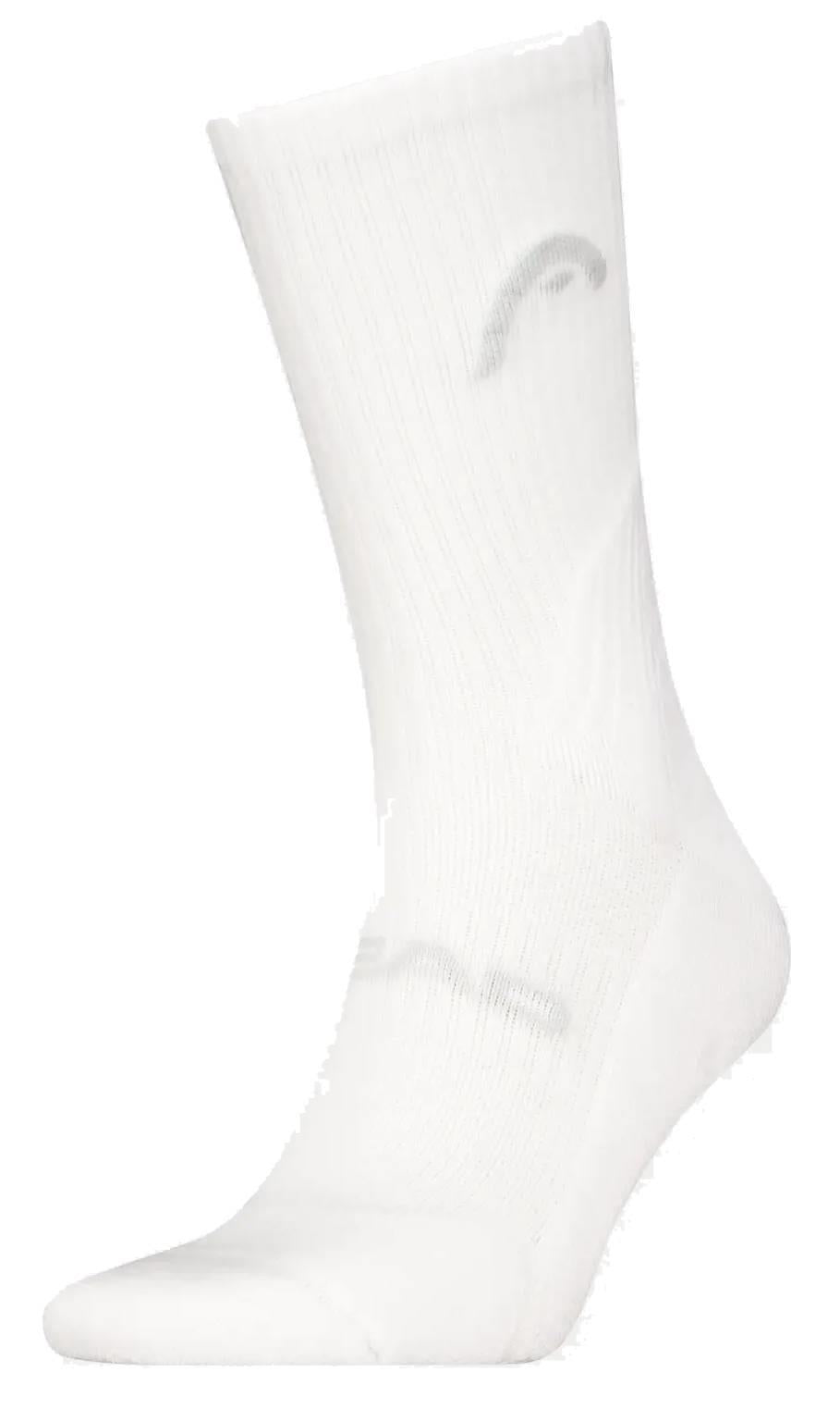 The HEAD Crew Badminton Sock in white stands upright against a plain background, showcasing moisture-wicking fabric and a subtle gray HEAD logo near the top.