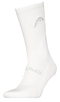 The HEAD Crew Badminton Sock in white stands upright against a plain background, showcasing moisture-wicking fabric and a subtle gray HEAD logo near the top.