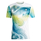 The adidas Men's Printed Aeroready Freelift Pro Badminton T-Shirt in white features a complex blue and green wave pattern with lines forming circular grids. It is enhanced with HEAT.RDY technology, featuring a small geometric logo on the neckline, making it perfect for staying cool during intense action.