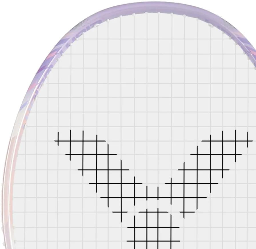 Close-up of the Victor Thruster K 66 AJ 7U Badminton Racket by Victor, featuring a lightweight white and purple frame and a string grid with a black V-shaped pattern at the center, shown on a plain white background.