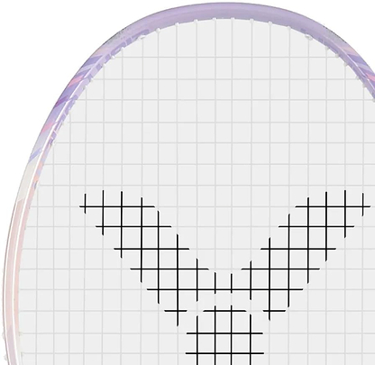Close-up of the Victor Thruster K 66 AJ 7U Badminton Racket by Victor, featuring a lightweight white and purple frame and a string grid with a black V-shaped pattern at the center, shown on a plain white background.