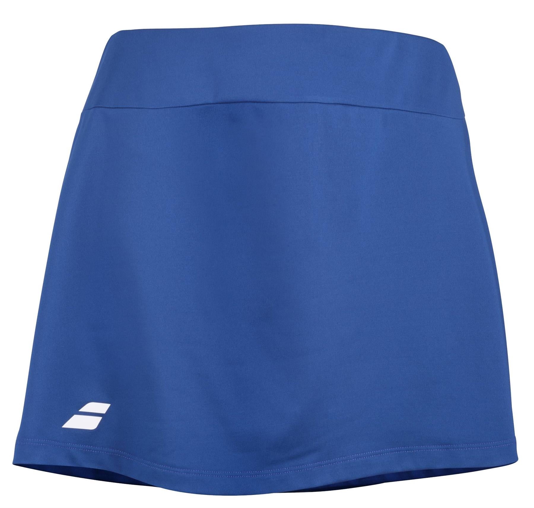 The Babolat Play Womens Badminton Skirt in Sodalite Blue features a wide waistband, built-in shorts, and a white logo on the lower left hem. Made from recycled polyester for comfort and performance.