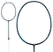 The Li-Ning Axforce 10 4U badminton racket from Li-Ning, in indigo, features a dark frame with a white grip and an oval-shaped head. Visible strings are enhanced by blue and green accents, highlighting its innovative Sonic Boom System in a close-up of the racket head alongside the full racket.