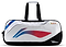 The Li-Ning Competition 6 Racket Badminton Bag - White / Black features black handles and bottom, blue and red curved side designs, and an "Eco Friendly Technology" label—perfect for stylishly carrying your rackets.