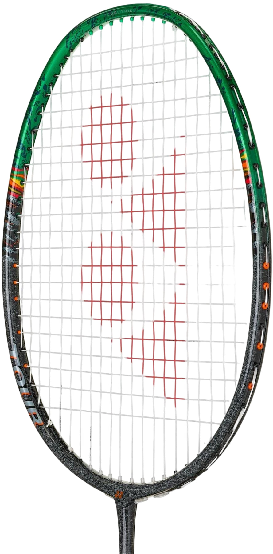 A close-up of the Yonex Astrox 99 Tour 4U Badminton Racket in black and green with red geometric designs on the white string bed, engineered by Yonex for powerful performance.