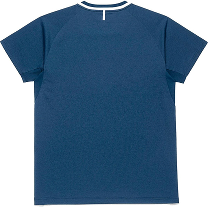 The Yonex 10712YX Crew Neck Men's Badminton T-Shirt in Indigo Blue is a plain, short-sleeved sports shirt with a small white stripe near the collar—ideal quick-drying activewear from Yonex.
