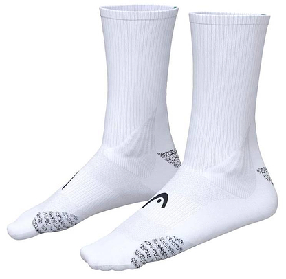 A pair of HEAD Colour Crew Badminton Socks in white and purple, featuring ribbed cuffs, black patterned grips on the soles, and zonal cushioning for comfort, shown side by side on a white background.