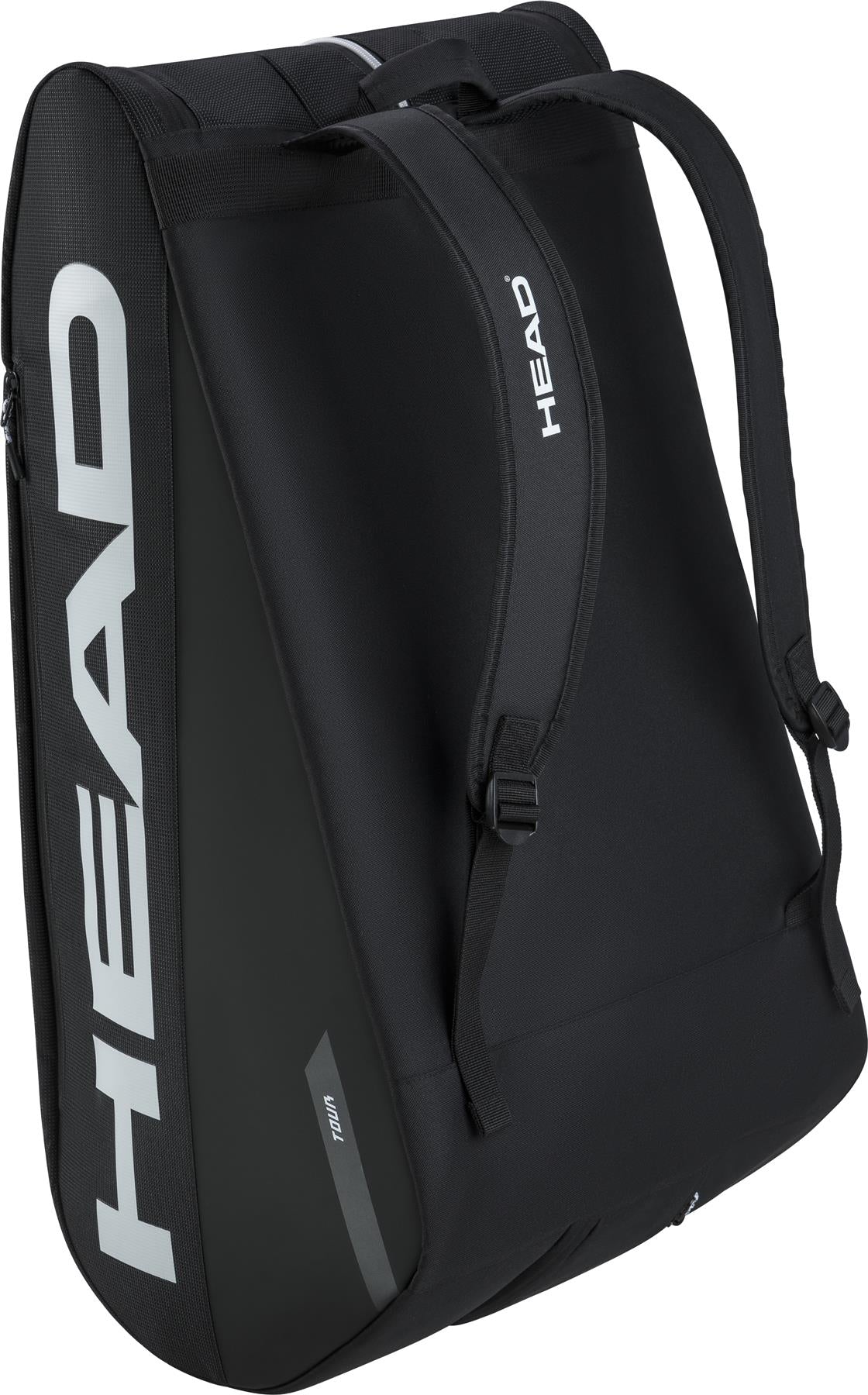 The HEAD Tour 12 Racket Badminton Bag XL - Black features two shoulder straps and bold white HEAD branding, offering a sleek design ideal for carrying sports gear or up to 12 rackets.