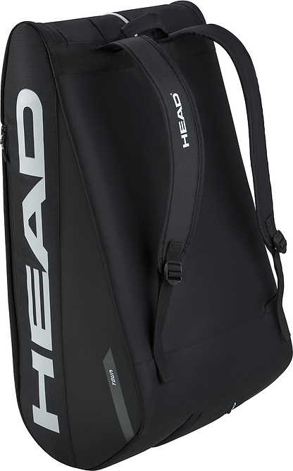 The HEAD Tour 12 Racket Badminton Bag XL - Black features two shoulder straps and bold white HEAD branding, offering a sleek design ideal for carrying sports gear or up to 12 rackets.