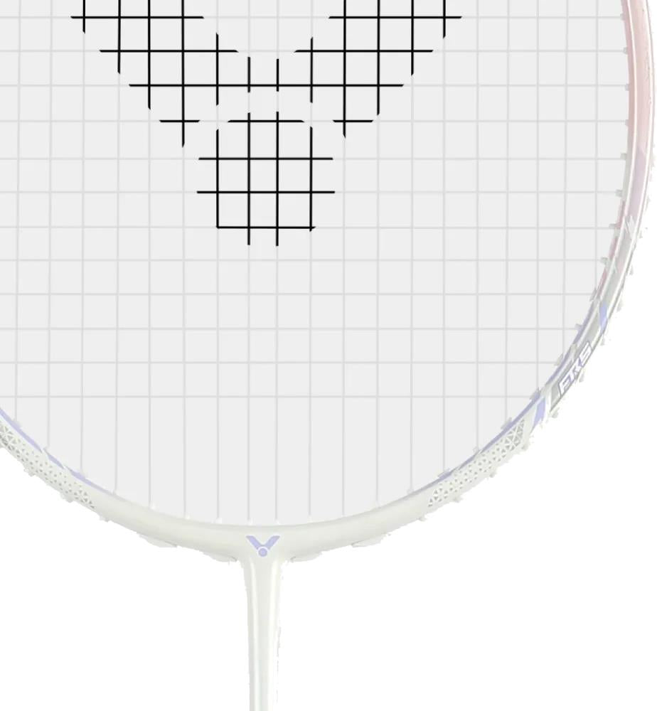 Close-up of the Victor Thruster K 66 AJ 7U Badminton Racket in white and purple by Victor, featuring black strings forming a stylized "V" and a central square, shown against a white background.