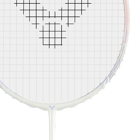 Close-up of the Victor Thruster K 66 AJ 7U Badminton Racket in white and purple by Victor, featuring black strings forming a stylized "V" and a central square, shown against a white background.