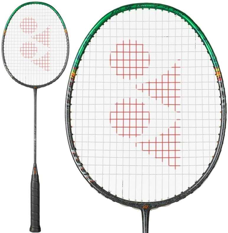 The Yonex Astrox 99 Tour 4U Badminton Racket in Black/Green features a red geometric logo on white strings. Close-up and full views highlight its power and design, showcasing the Yonex brand’s quality craftsmanship.
