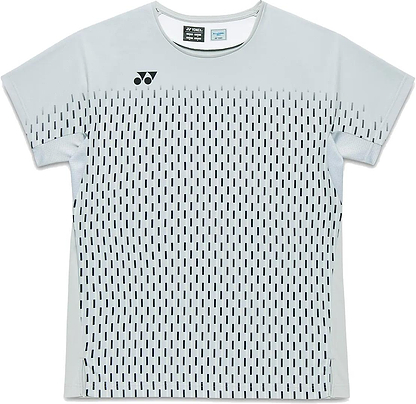 The Yonex 10713EX Crew Neck Men's Badminton T-Shirt in silver grey features short sleeves, vertical black dashed lines on the front, and a small black logo near the left shoulder—ideal for badminton.