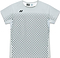 The Yonex 10713EX Crew Neck Men's Badminton T-Shirt in silver grey features short sleeves, vertical black dashed lines on the front, and a small black logo near the left shoulder—ideal for badminton.