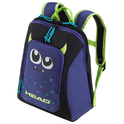 Introducing the HEAD Kids Tour Badminton Backpack - Monster by HEAD. This delightful backpack showcases a cute monster face design, complete with large eyes and petite green horns. The vibrant blue body is decorated with light blue V shapes, complemented by its dark blue and black scheme. Equipped with a sportswear compartment and reflective logos, this backpack is perfect for young explorers.