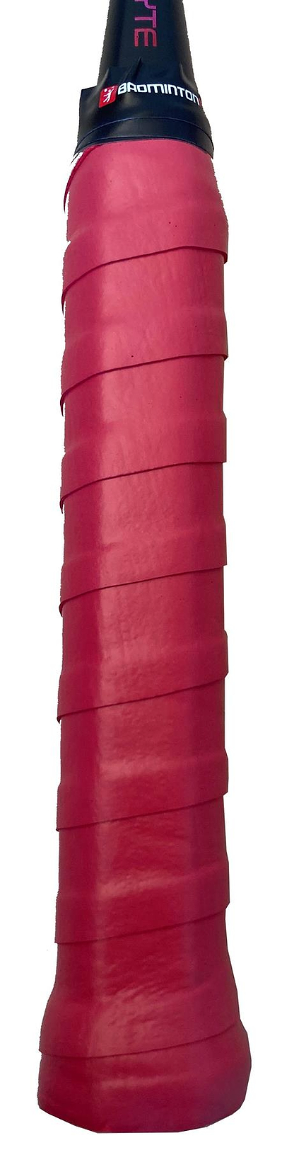 Close-up of a BadmintonHQ 3 Pack Badminton Overgrip in red, wrapped on a racquet handle, highlights its sweat-absorption abilities and detailed texture as the overgrip spirals securely around the handle.