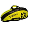 The Volkl Tour Badminton Pro 3 Racket Bag in vibrant neon yellow and black includes a handle and shoulder strap for convenient carrying. The brand logo and name are prominently showcased on the side, offering both functionality and style for badminton enthusiasts.