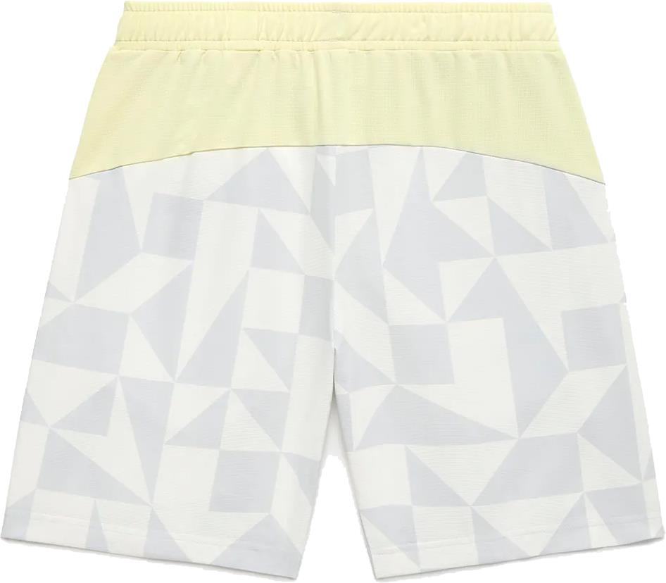 Back view of Yonex 15240YX Knit Men's Badminton Shorts - Champagne, featuring a light yellow waistband and white base with a subtle gray geometric pattern, crafted from breathable knit fabric for court comfort.
