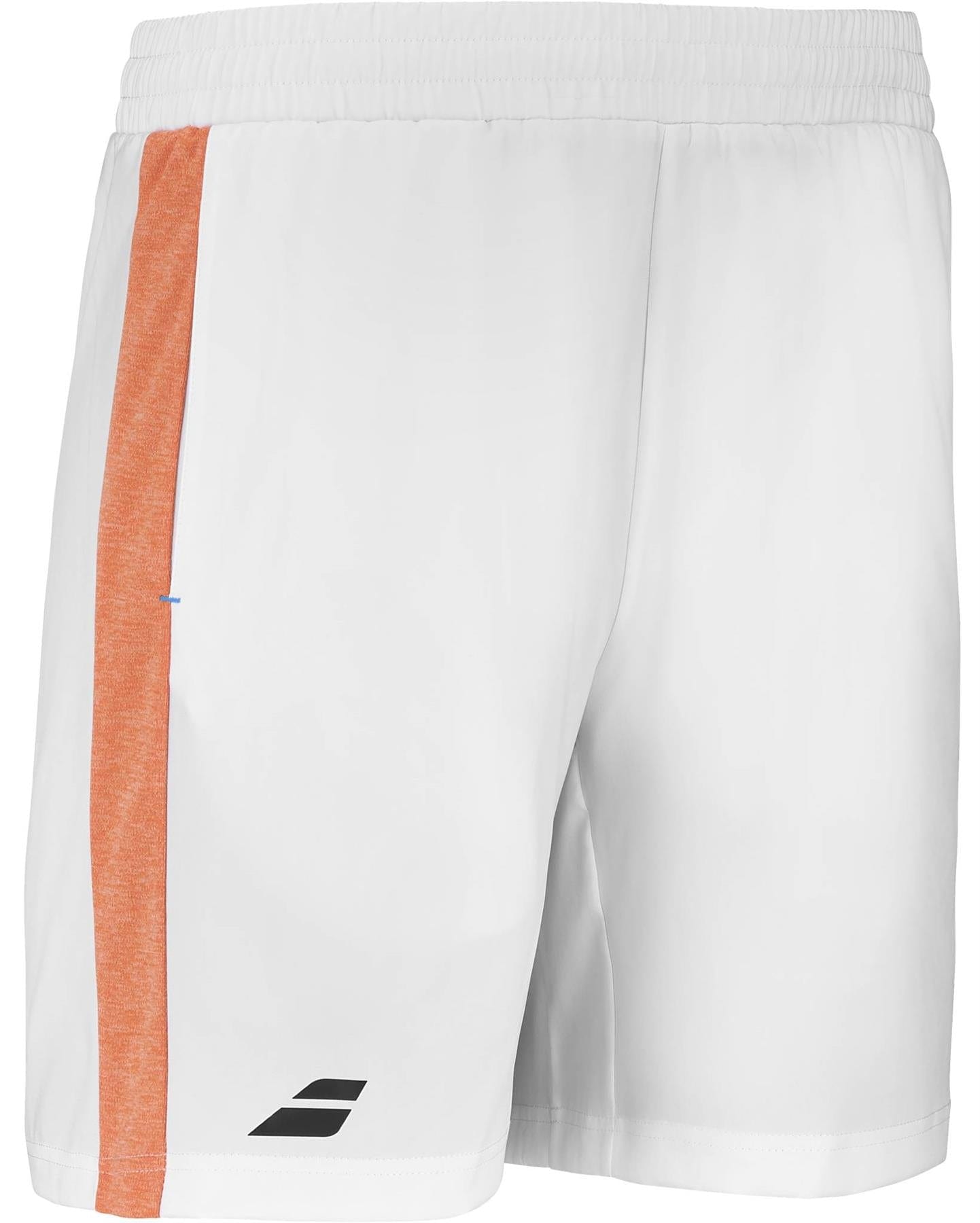 Babolat Play Mens Badminton Shorts - White / White are made from recycled polyester, featuring a vertical orange stripe on the left and a small black logo. The elastic waistband ensures comfort on and off court.