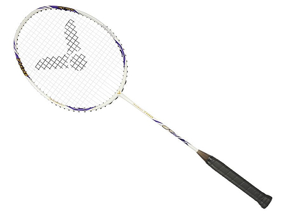 The Victor Auraspeed 7100 4U Badminton Racket by Victor features a white high-resilience graphite frame, dark grip, and purple-gold accents, shown diagonally against a plain white background.