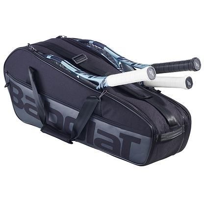 The sleek black Babolat Court M 6 Racket Badminton Bag, made from recycled PET, features a large logo and holds two rackets with white grips in its 40-liter compartment.
