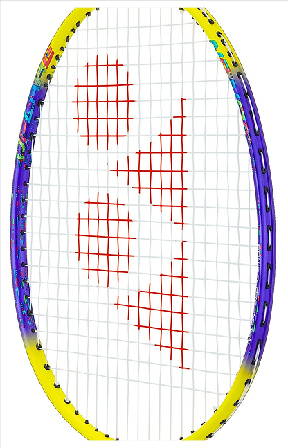 Close-up of the Yonex Nanoflare 002 Clear 4U badminton racket. The frame is a vibrant mix of yellow and purple, with strings forming a red pattern like circles and an upward triangle. Its head-light balance is improved by ISOMETRIC™ technology, set against a white background.