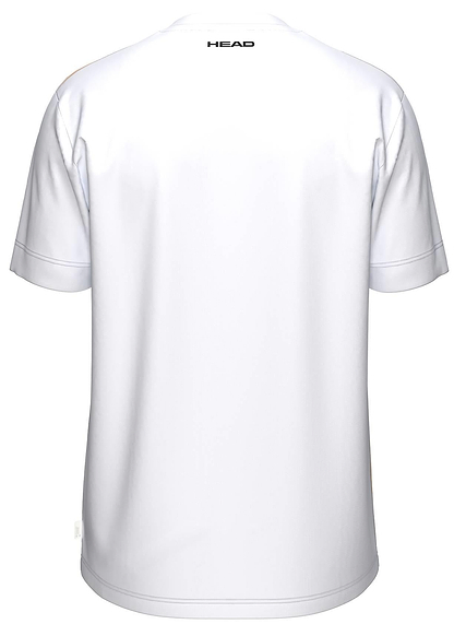 The HEAD Blur Mens Badminton T-Shirt - PUXU is shown from the back in plain white, featuring "HEAD" in black near the collar. This breathable shirt from HEAD is designed for comfortable play on the badminton court.