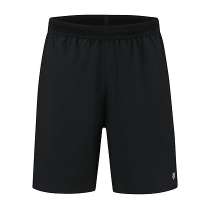 The K-Swiss Hypercourt Mens Shorts - Black are a pair of performance athletic shorts designed by K-Swiss, showcasing a black color with an elastic waistband and a subtle logo near the bottom hem. They are displayed against a simple white background.
