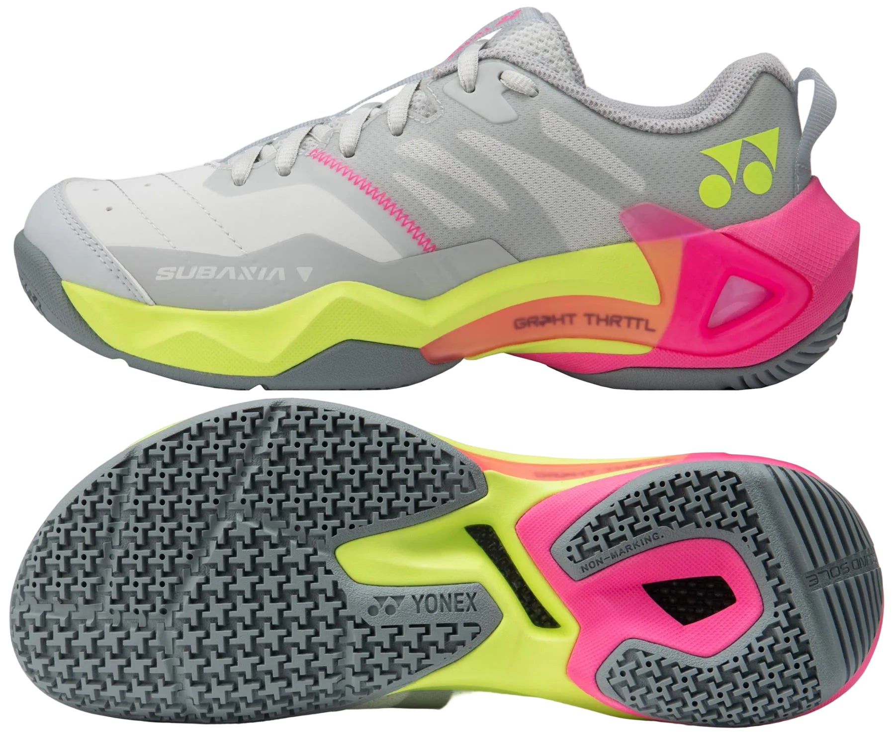 The Yonex Subaxia GT Women's Badminton Shoes in light grey feature pink, yellow, and lime green accents, textured tread, Yonex branding, and advanced GRPHT THRTTL technology for enhanced performance.