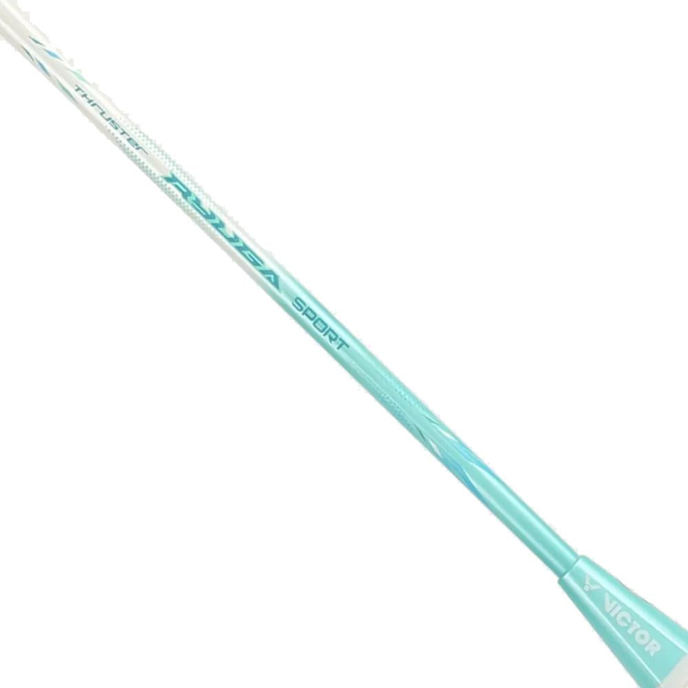 Close-up of a green Victor Thruster Ryuga Sport R 3U badminton racket handle and shaft, showing the brand "Victor"; this model suits beginner to intermediate players.