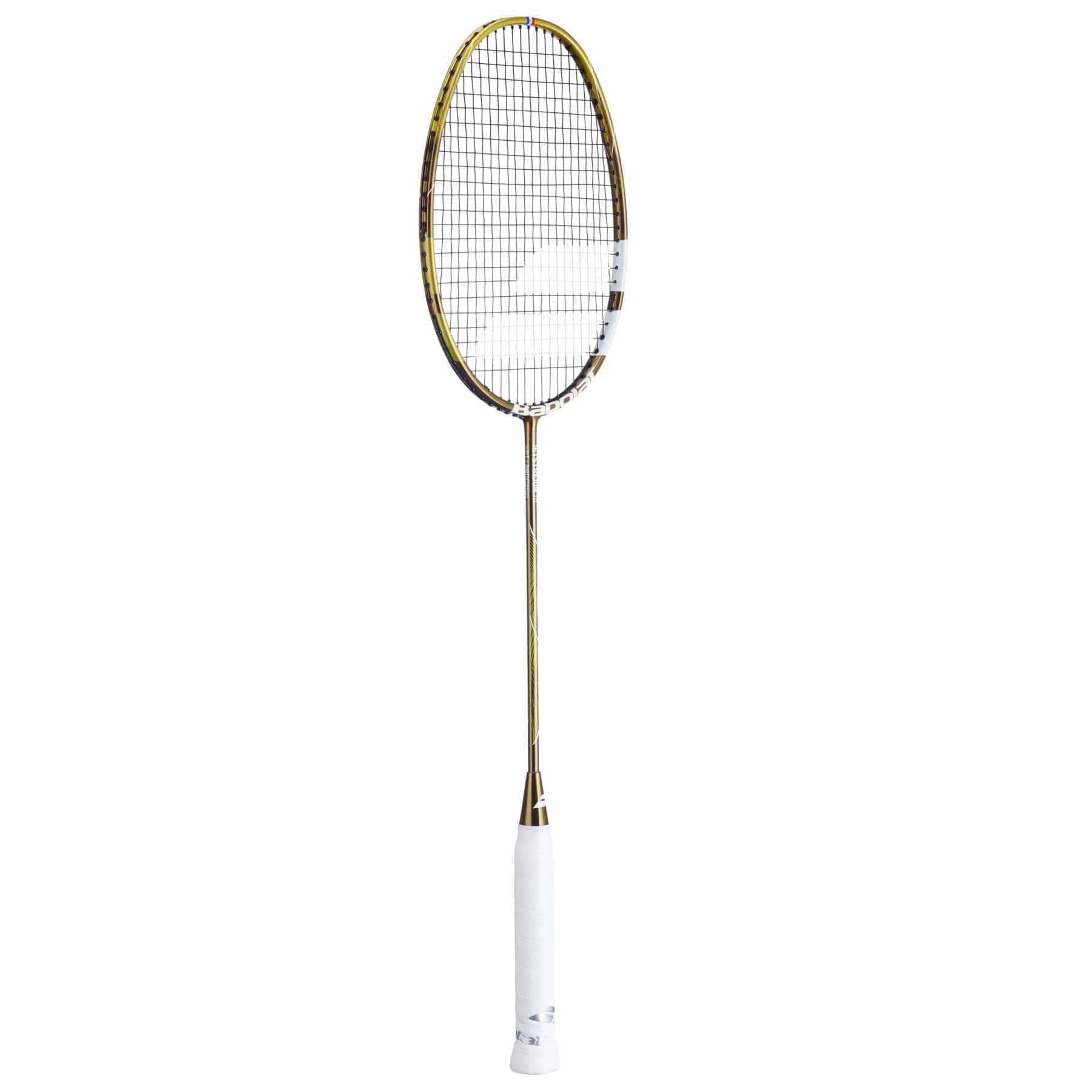 The Babolat Jetstream 78 5U badminton racket features a gold and black frame, white grip, and mesh string bed for precision.