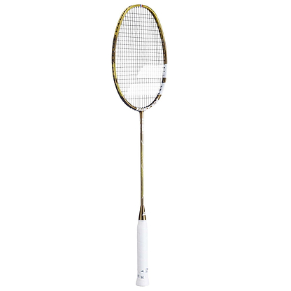 The Babolat Jetstream 78 5U badminton racket features a gold and black frame, white grip, and mesh string bed for precision.