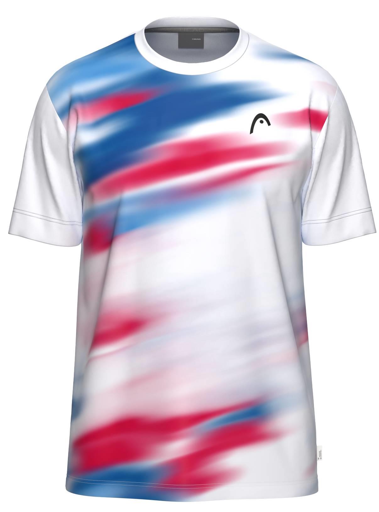 The HEAD Blur Mens Badminton T-Shirt - ROXU is a white shirt featuring blue and red brushstroke streaks, a small black logo on the left chest, and made from breathable fabric for comfort during play.