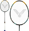 The image shows a Victor Thruster F C Ultra CX 4U Badminton Racket in black/gold with a white grip and "V" or bird design on the strings, displaying both full view and close-up of the racket head. Brand: Victor.