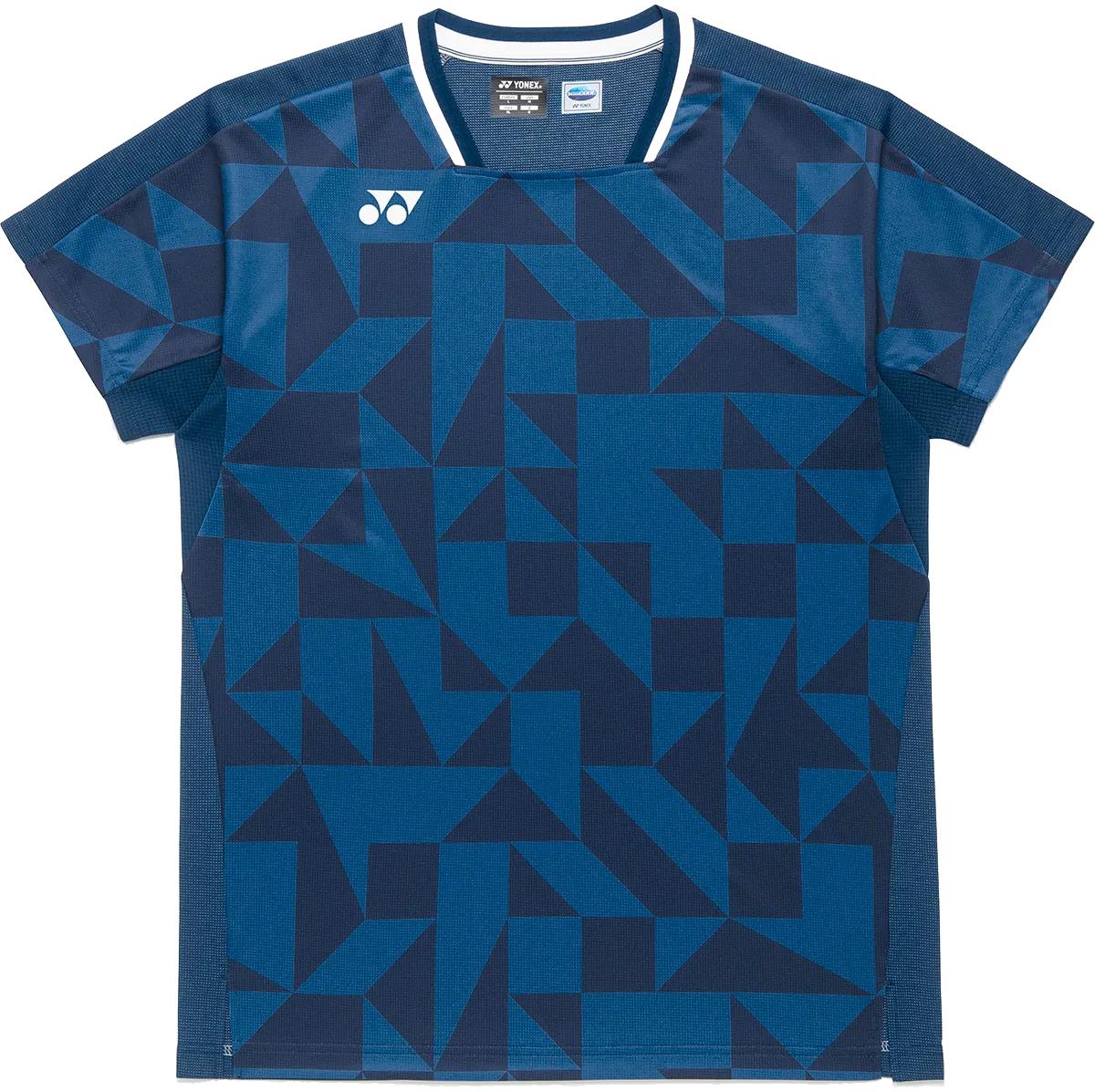 The Yonex 10712YX Crew Neck Men's Badminton T-Shirt in Indigo Blue features a geometric pattern, white collar accent, small white logo, and quick-dry sportswear performance.