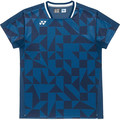 The Yonex 10712YX Crew Neck Men's Badminton T-Shirt in Indigo Blue features a geometric pattern, white collar accent, small white logo, and quick-dry sportswear performance.