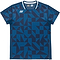 The Yonex 10712YX Crew Neck Men's Badminton T-Shirt in Indigo Blue features a geometric pattern, white collar accent, small white logo, and quick-dry sportswear performance.