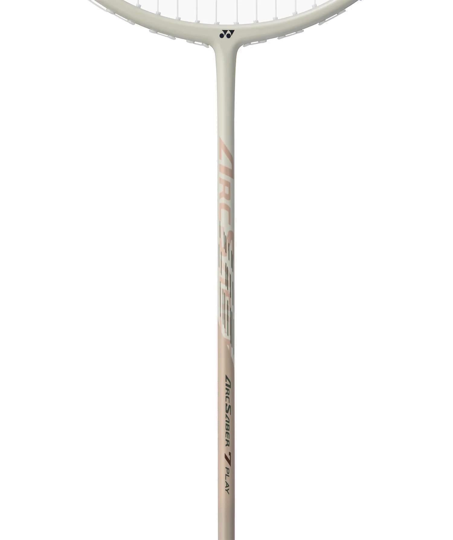 Close-up of the Yonex Arcsaber 7 Play 4U Badminton Racket’s shaft and lower head, showing its ISOMETRIC frame, Yonex branding, and light beige color with silver and orange accents.
