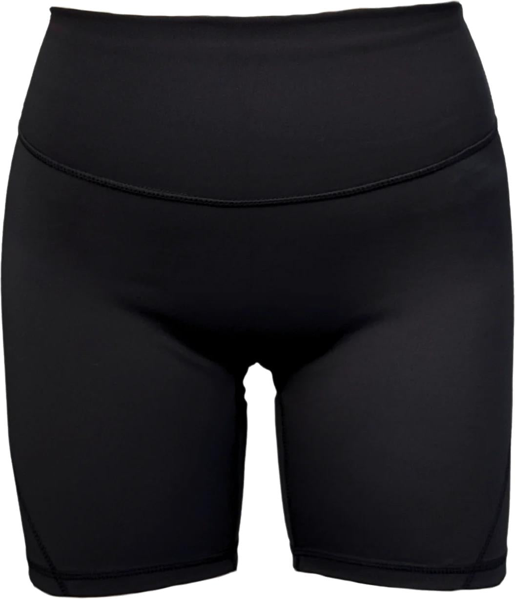 The Yonex YTS2024 Womens Core Badminton Shorts in black are high-waisted, seamless, and fitted. Made for comfort and performance, these moisture-wicking Yonex shorts are perfect for active women. Shown against a white background.