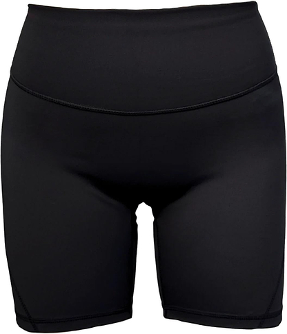 The Yonex YTS2024 Womens Core Badminton Shorts in black are high-waisted, seamless, and fitted. Made for comfort and performance, these moisture-wicking Yonex shorts are perfect for active women. Shown against a white background.