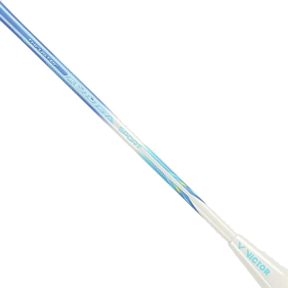 Close-up of the Victor Thruster Ryuga Sport F 3U Badminton Racket - Blue shaft with "SPORT" and "VICTOR" in light blue, perfect for beginner to intermediate players seeking quality and performance.